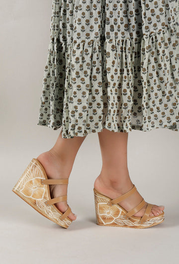 Peanut Brown Wooden Carved Strappy Platform Wedges